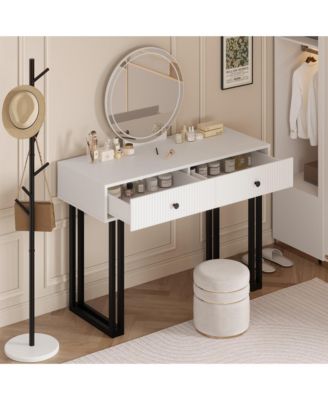 Vanity Desk with Mirror and Lights, Small Makeup Vanity with 2 Drawers, Modern Vanity Organizer with 3 Color Lights