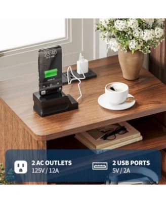 1pc Modern USB Charging Station & Outlets, 2 Drawers and Open Shelf, Natural Oak Wood Fluted Nightstand Bedside End Table