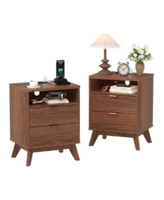 2pcs Wood Nightstand with USB Charging Station & Outlets