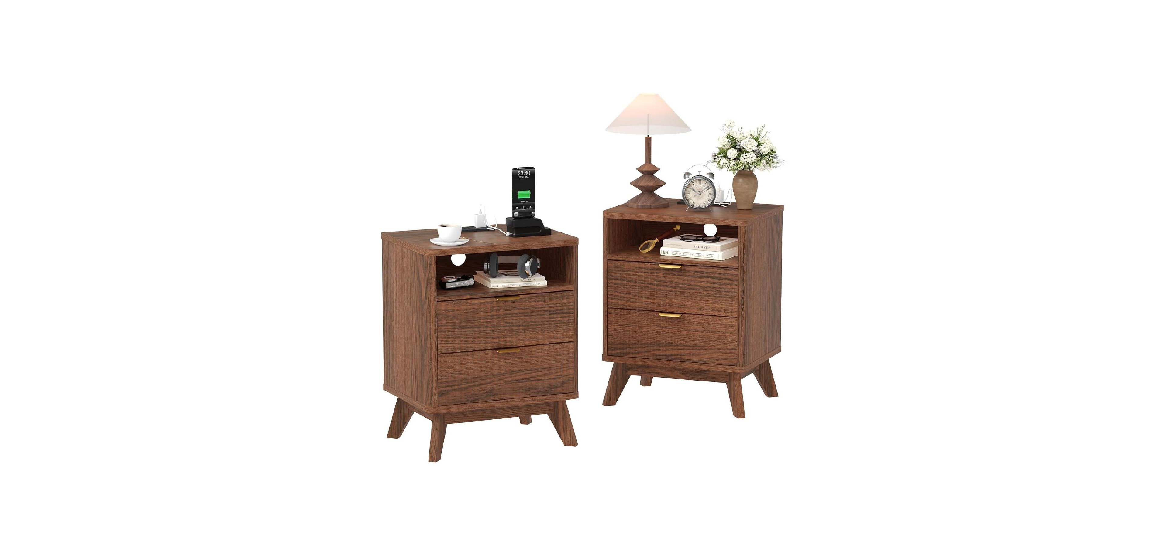 Gaomon 2pcs Wood Nightstand with Usb Charging Station & Outlets