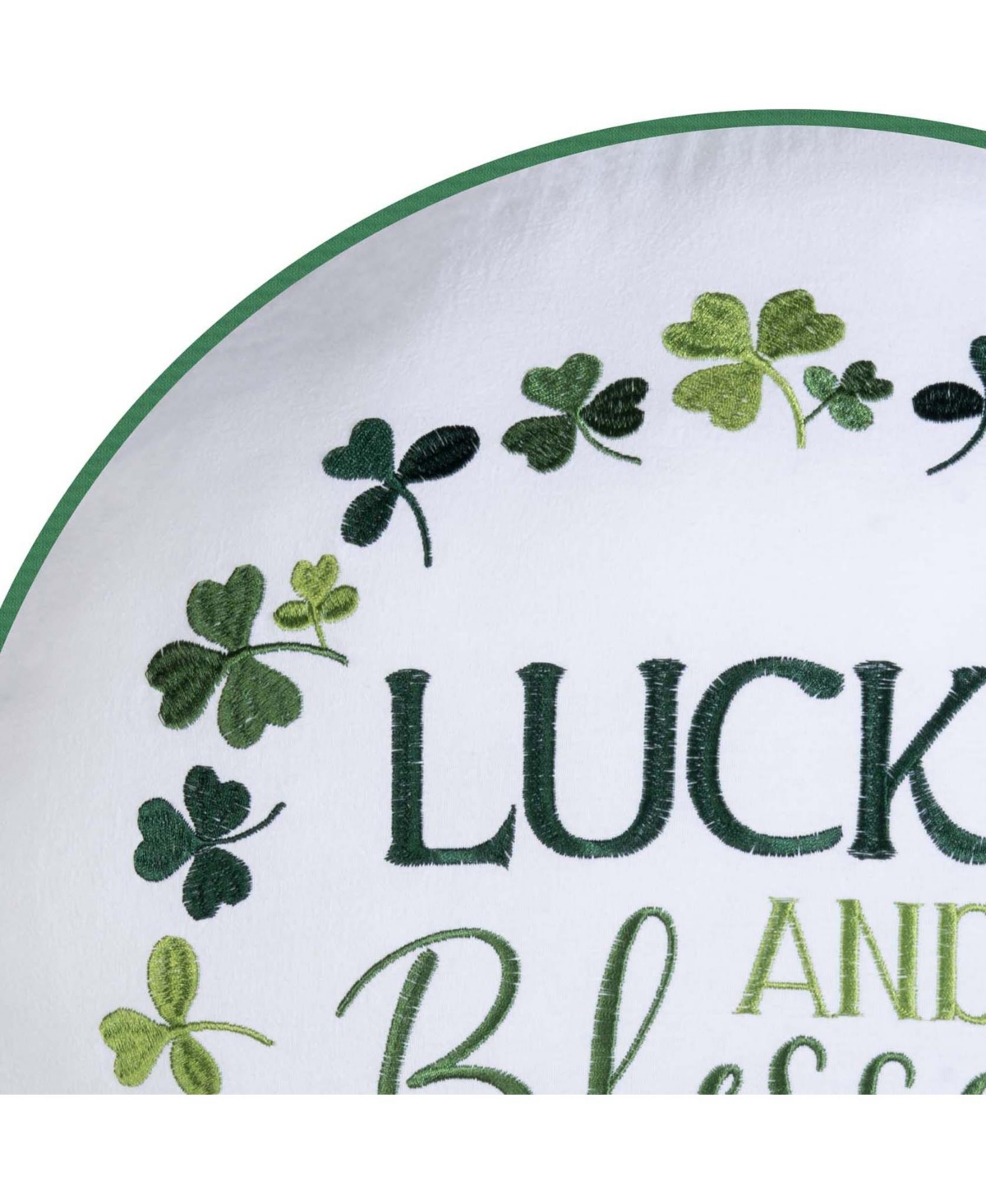 Lucky & Blessed Typography St. Patrick's Clover Embroidered Round Throw Pillow, 18" x 18"