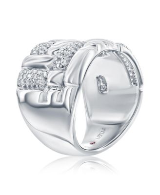 Pave Cubic Zirconia Silver Puff Woven Motif Extra Wide Band Ring