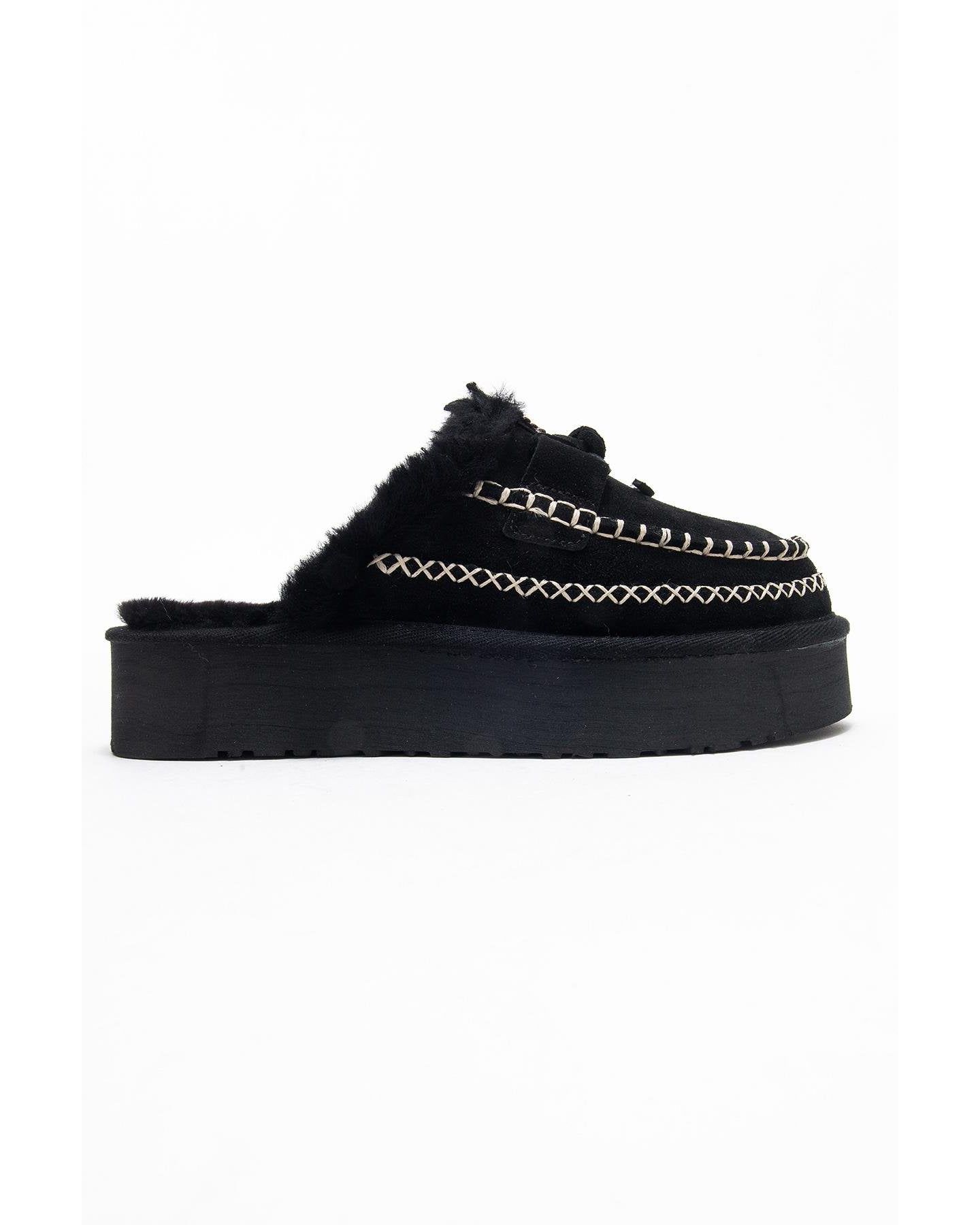 Женские тапочки Forever & Always Shoes Yalina Leather Platform Moccasin Slippers, цвет: Чёрный замшевый кожаный — фото 2