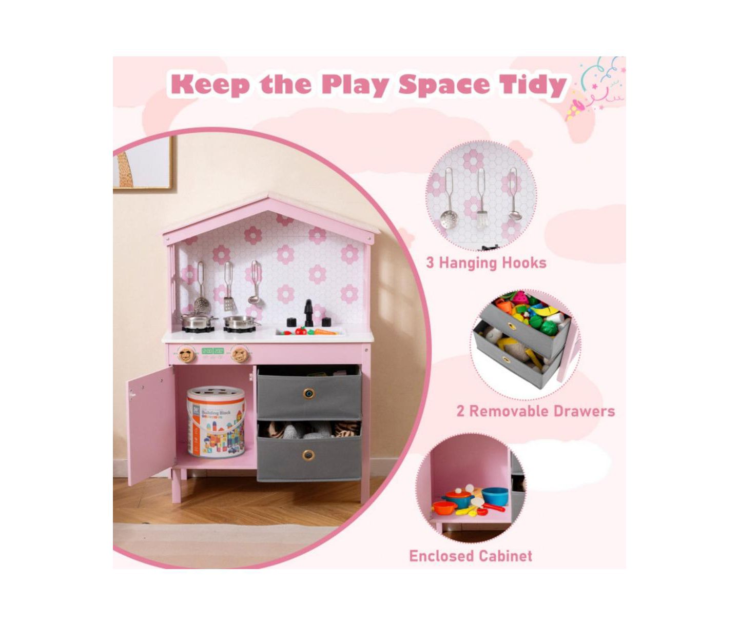 Детская игрушка HONGGE Dual Stoves Wooden Play Kitchen, Ages 3+, цвет: Розовый — фото 2