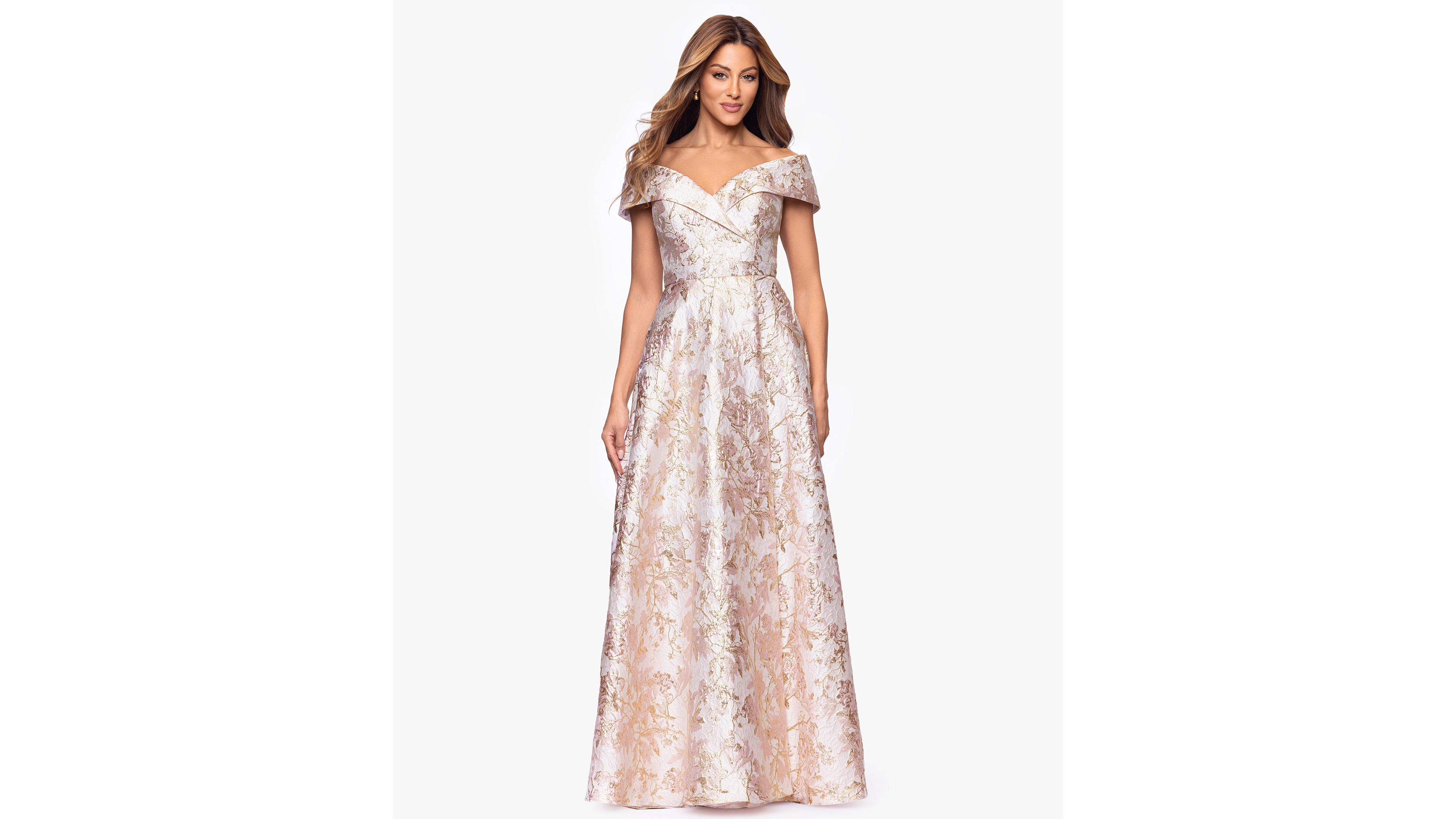 Xscape Petite Off-The-Shoulder Metallic Jacquard Gown