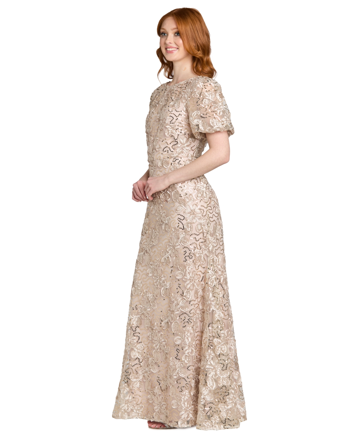 R & M Richards Women's Lace and Sequin Gown with Puff Sleeves Trumpet Skirt