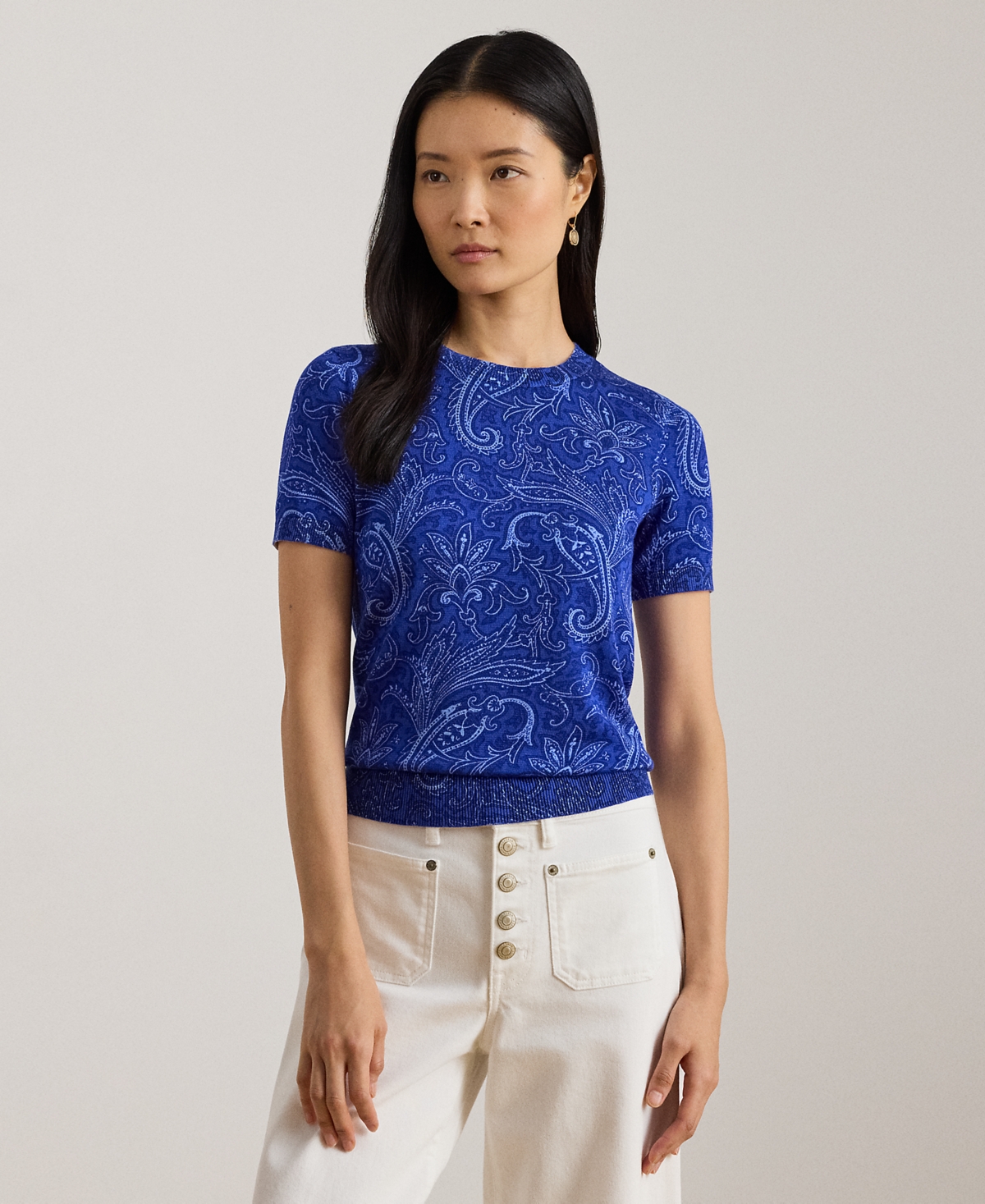 Lauren Ralph Petite Paisley Short-Sleeve Sweater