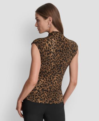 Women's Printed Mock Neck Cap-Sleeve Top