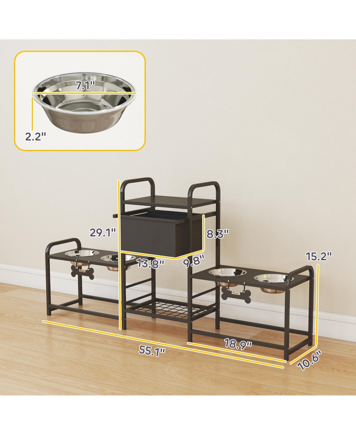 PawHut Dog Bowl Sd with 2 Feeding Stations, Elevated Dog Bowls,