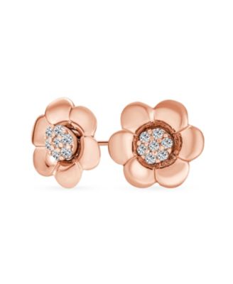 Tri-Tone Love Knot Bangle Bracelet and CZ Petal Cubic Zirconia Stud Earring Jewelry Set Rose Gold Plated