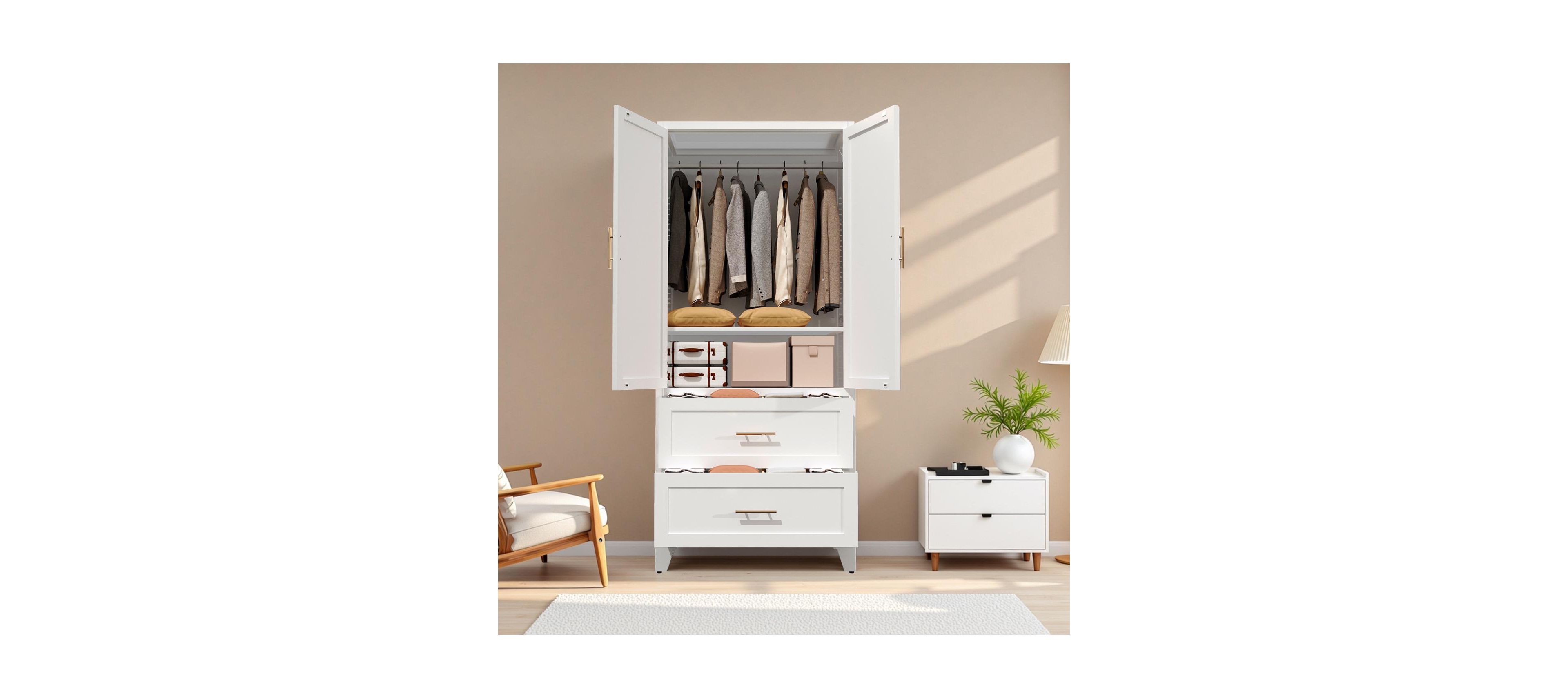 Streamdale Furniture 71" Metal Wardrobe Cabinet w/ 2 Drawers, Hanging Rod, 2 Doors & Shelf