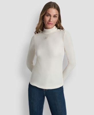 Women's Jewel Button Shoulder Mock Neck Long-Sleeve T-Shirt