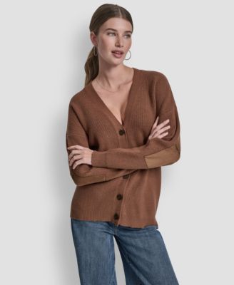 Women's Relaxed V-Neck Shaker Stitch Cardigan With Suede Logo Patch
