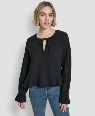 Women's Long-Sleeve Double Crepe Gauze Tie Neck Crop Top