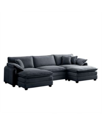 Grey Corduroy Modular Sofa with Ottoman & Footstools