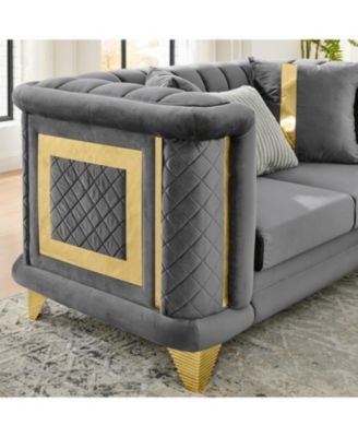 69" Velvet Loveseat Sofa, Gold Trim, Tufted, Pillows - Gray