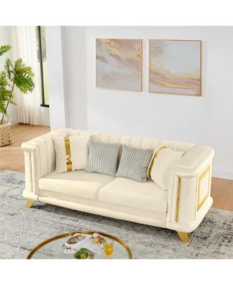 89" Velvet Sofa, Gold Trim, Tufted Couch with Pillows, Beige