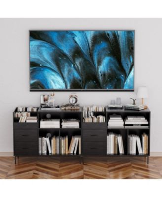 Record Player Stand with Power Outlet, Flip-Down Lid, Storage