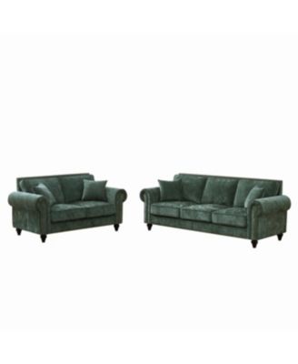 Modern Chenille 3+2 Seater Sofa with Rolled Arms, Wood Legs, Green