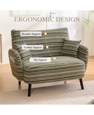 Modern two-seater sofa with armrests, pillows, and storage pockets.