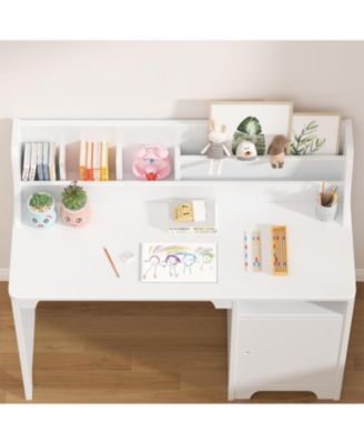 Kids Desk and Chair Set, Wooden Study Table with Hutch and Storage Cabinet, Student Writing Desk for Home or Classroom
