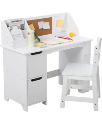 Kids Study Desk and Chair Set, Wooden Learning Table with Storage, Hutch and Bulletin Board for Home or School