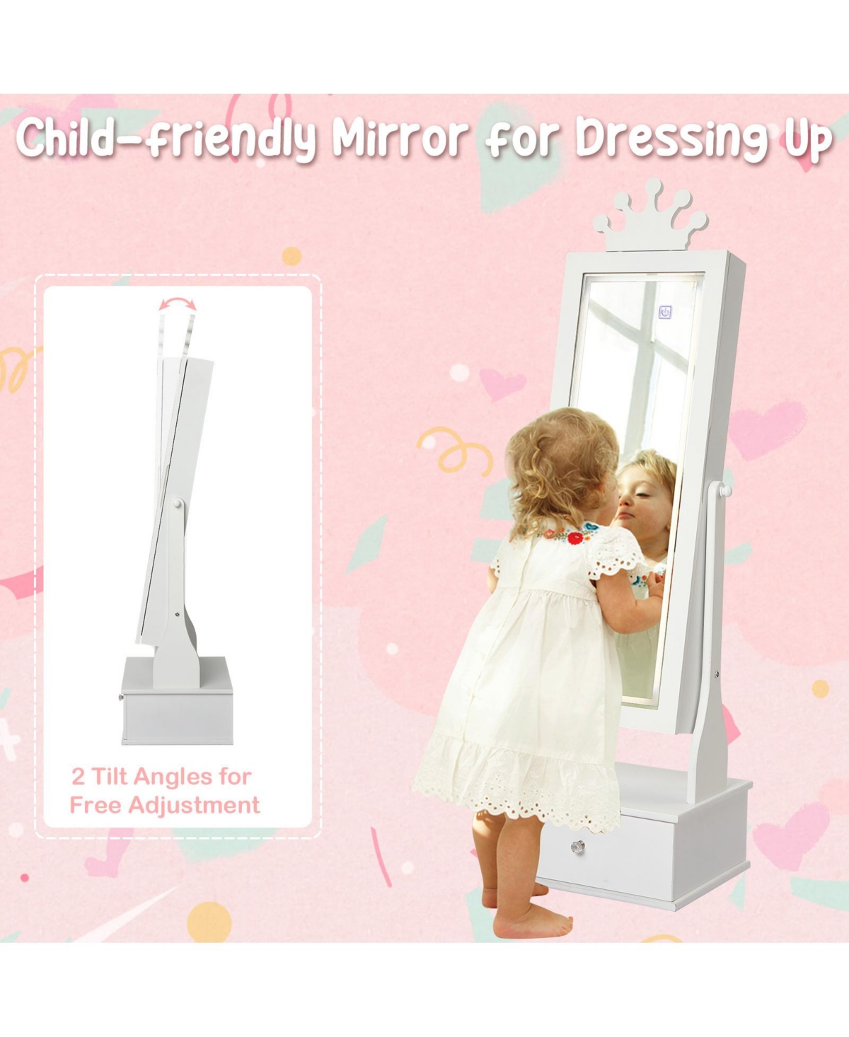 Gaomon Kids Jewelry Armoire with Led Light, Freestanding Organizer Mirror & 3 Drawers