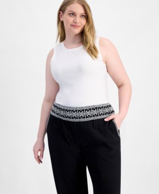 Trendy Plus Size Embroidered Cotton Wide Leg Pants