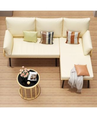 3-Piece L-Shaped Patio Set, Outdoor Sectional Sofa with Cushions & Glass Table for Garden or Backyard