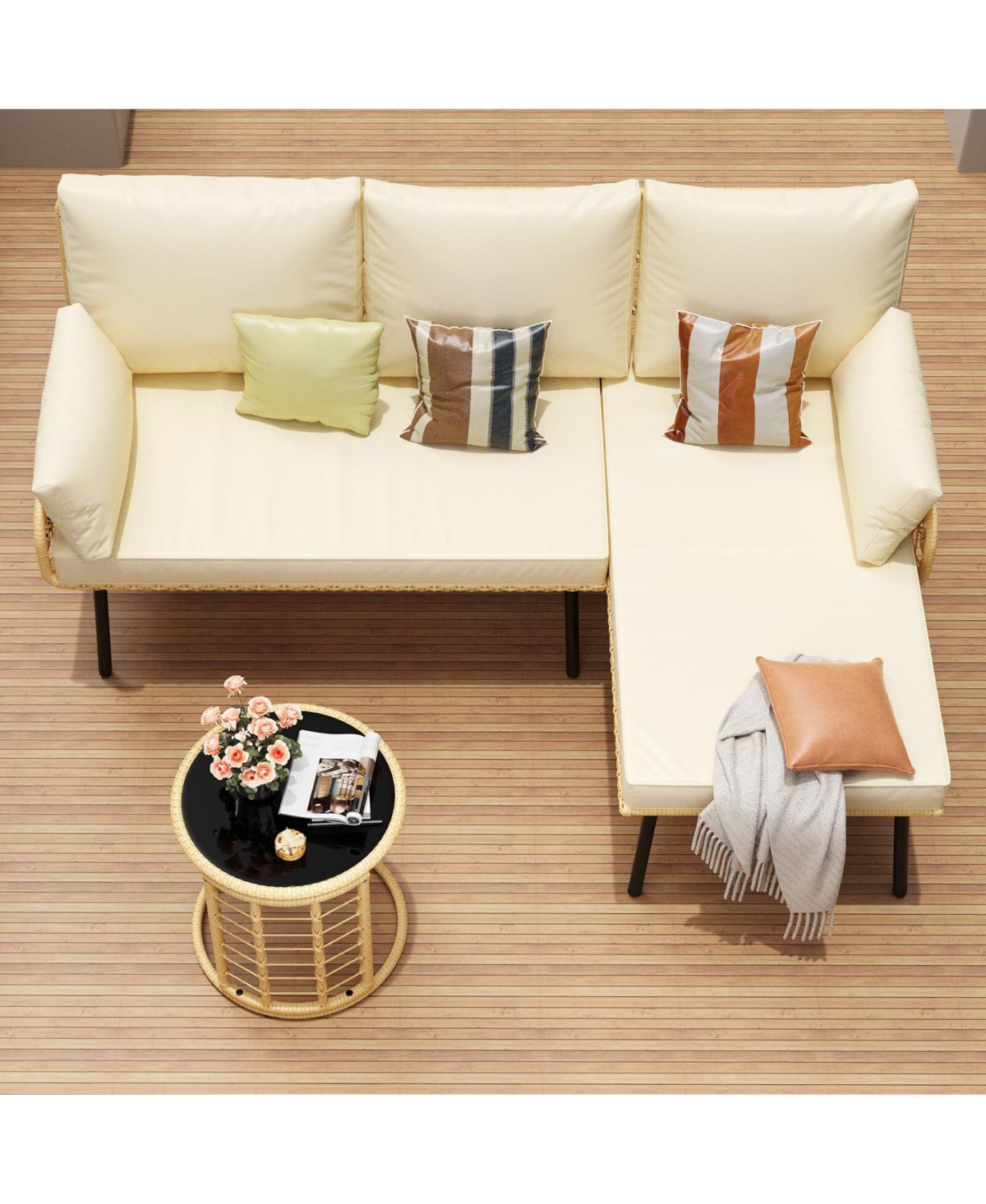 Gaomon 3-Piece L-Shaped Patio Set, Outdoor Sectional Sofa with Cushions & Glass Table for Garden or Backyard