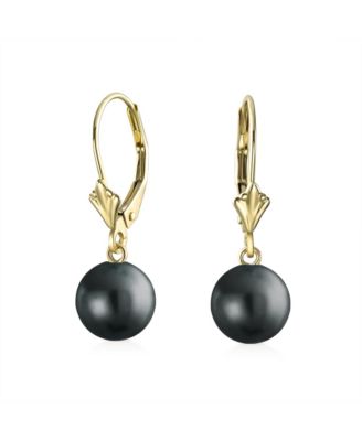 Classic Yellow Gold Grey Black White 8MM Round Freshwater Cultured Pearl Drop Ball Dangle Earrings Lever Back Women