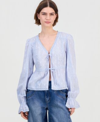 Women's Cotton Lace-Trim Tie-Front Top