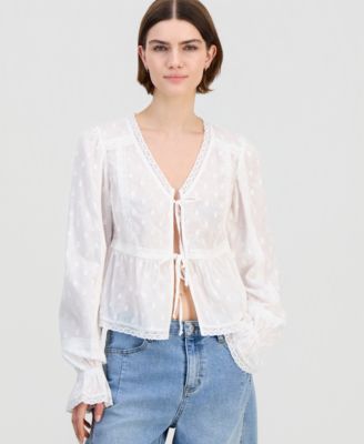 Women's Cotton Lace-Trim Tie-Front Top