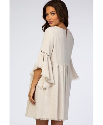 Beige Raw Edge Bell Sleeve Babydoll Maternity Dress