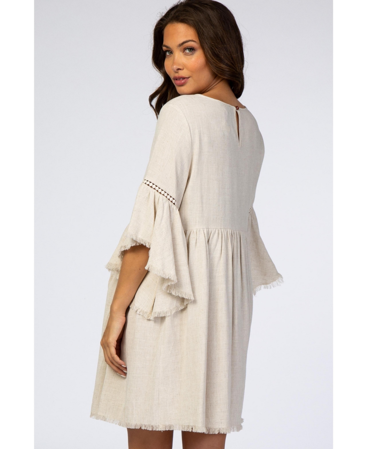 Pinkblush Beige Raw Edge Bell Sleeve Babydoll Maternity Dress