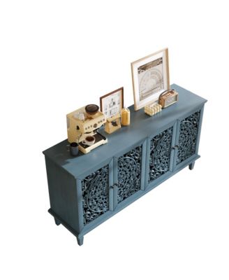 Streamdale 60" Antique Blue Buffet Cabinet - Floral Carvings, Solid Wood Legs