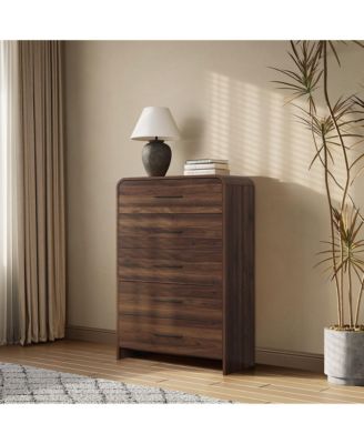 Modern Walnut Finish 5-Drawer Chest, Engineered Wood Storage Dresser with Rounded Corners