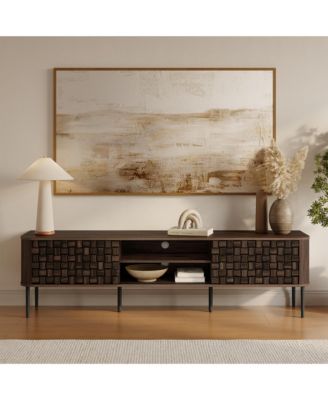 Dark Oak with Basket Weave Design Manufactured Wood 2-Sliding Door TV Console Cabinet