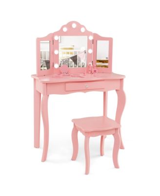 Kid Vanity Table Stool Set Tri-Folding Mirror Adjustable 3-Color LED