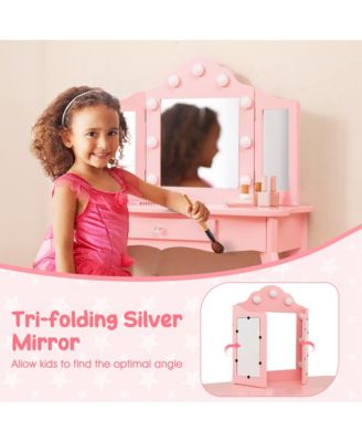 Kid Vanity Table Stool Set Tri-Folding Mirror Adjustable 3-Color LED