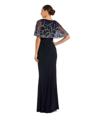 Women's Fitted Jersey Gown with Embellished Cape