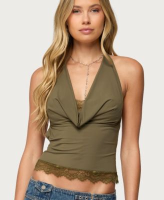 Women's Layered Lacey Cowl Neck Halter Top