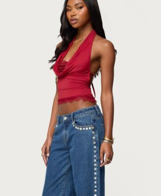 Women's Layered Lacey Cowl Neck Halter Top