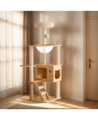 48.8 Modern Cat Tree Wood Tower Sisal Scratching Posts Top Perch Acrylic Hammock