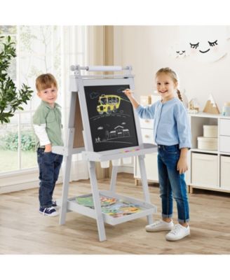 Adjustable Wooden Kids Art Easel With Chalkboard Whiteboard And Paper Roll