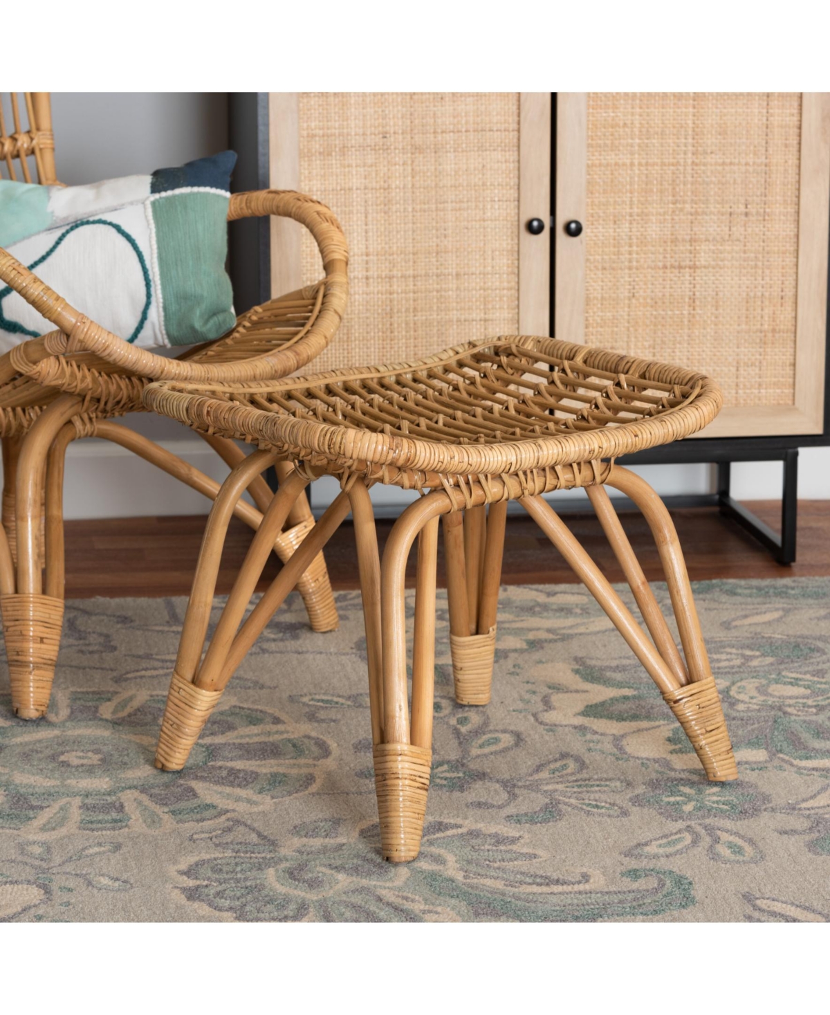 Furniture Earvin 18.9" Rattan Bohemian Footstool
