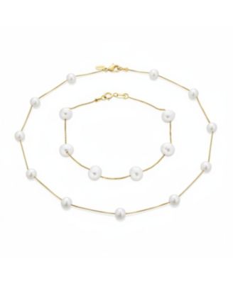 Tin Cup Freshwater Cultured Pearl Necklace & Bracelet Jewelry Set Sterling Silver 7MM