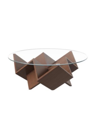 Round Coffee Table with Glass Top & Art Deco Base, Walnut, 35.4