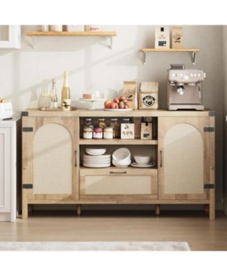 59.1" Rattan Buffet Cabinet with Storage, Boho Farmhouse Sideboard with Adjustable Shelves, Drawer, Doors, Kitchen Coffee Bar Cabinet