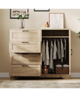 43.3" Armoire Wardrobe Closet with 4 Drawers and 2 Doors, Wooden Dresser with Hanging Rod, Multifunctional Storage Cabinet for Bedroom